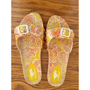 Rocket Dog Women Yellow Floral Slides Sandals Buckle Slip On Pool Beach Size 9